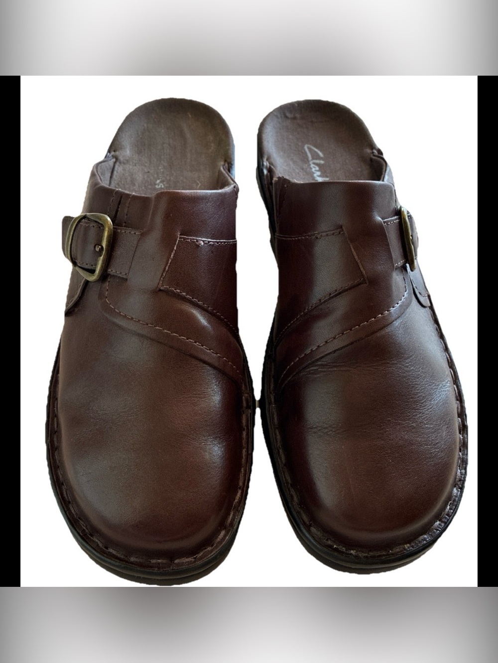 Clarks-Women’s Sz 10M Rich Brown Leather W/Buckle Slip On Mule Clog Shoes Comfy